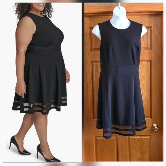 Calvin Klein Black Sleeveless Dress Illusion Fit n Flare Mesh Hem Plus Sz 20 W - Picture 1 of 9
